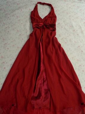 Red Halter Maxi Dress with Satin Waist Detail